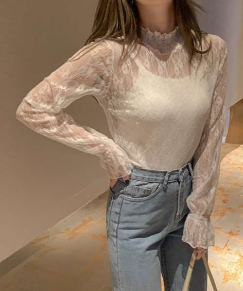 mielu(ミエル)の「ハイネックレーストップス(シャツ/ブラウス・レディース・ブラック/ホワイト・LARGE/MEDIUM)」の7枚目の写真