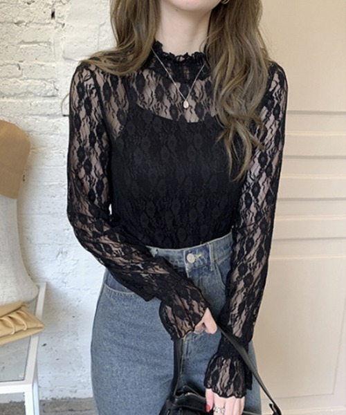 mielu(ミエル)の「ハイネックレーストップス(シャツ/ブラウス・レディース・ブラック/ホワイト・LARGE/MEDIUM)」の6枚目の写真