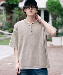 オーバーサイズ ヴィンテージ加工ヘンリーネック半袖サマーニットTシャツ
