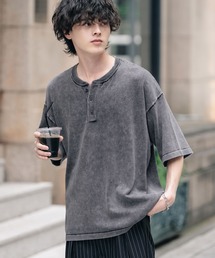 オーバーサイズ ヴィンテージ加工ヘンリーネック半袖サマーニットTシャツ