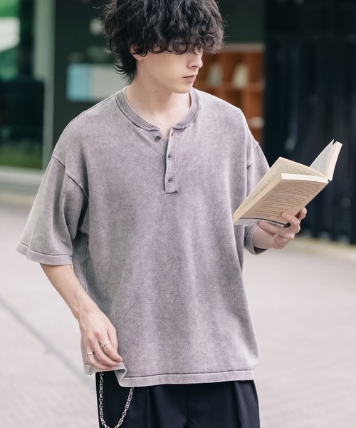 Rocky Monroe(ロッキーモンロー)の「オーバーサイズ ヴィンテージ加工ヘンリーネック半袖サマーニットTシャツ(ニット/セーター・メンズ・チャコール/ベージュ/ワイン/ブラック・XL/L/M)」の12枚目の写真