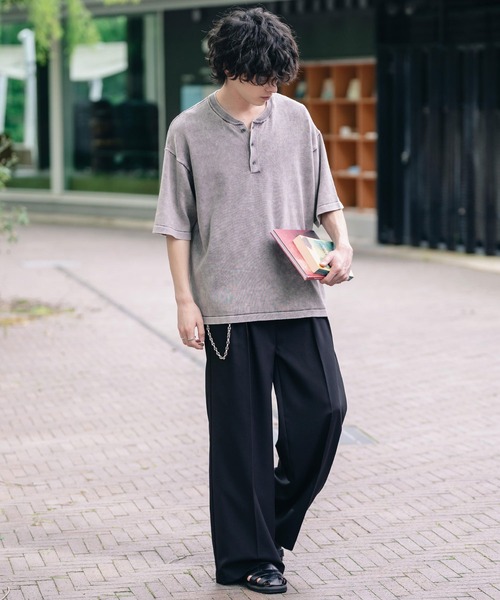Rocky Monroe(ロッキーモンロー)の「オーバーサイズ ヴィンテージ加工ヘンリーネック半袖サマーニットTシャツ(ニット/セーター・メンズ・チャコール/ベージュ/ワイン/ブラック・XL/L/M)」の14枚目の写真
