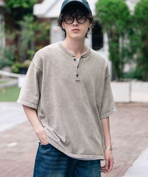 Rocky Monroe(ロッキーモンロー)の「オーバーサイズ ヴィンテージ加工ヘンリーネック半袖サマーニットTシャツ(ニット/セーター・メンズ・チャコール/ベージュ/ワイン/ブラック・XL/L/M)」の17枚目の写真