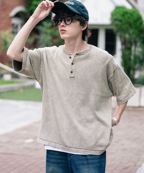 Rocky Monroe(ロッキーモンロー)の「オーバーサイズ ヴィンテージ加工ヘンリーネック半袖サマーニットTシャツ(ニット/セーター・メンズ・チャコール/ベージュ/ワイン/ブラック・XL/L/M)」の18枚目の写真