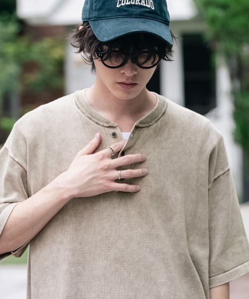 Rocky Monroe(ロッキーモンロー)の「オーバーサイズ ヴィンテージ加工ヘンリーネック半袖サマーニットTシャツ(ニット/セーター・メンズ・チャコール/ベージュ/ワイン/ブラック・XL/L/M)」の19枚目の写真