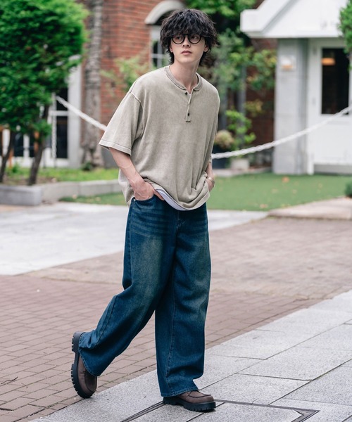 Rocky Monroe(ロッキーモンロー)の「オーバーサイズ ヴィンテージ加工ヘンリーネック半袖サマーニットTシャツ(ニット/セーター・メンズ・チャコール/ベージュ/ワイン/ブラック・XL/L/M)」の21枚目の写真