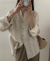 フレンチストライプのゆったり長袖シャツ