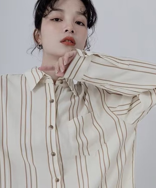 AsheKsha(アシクシャ)の「フレンチストライプのゆったり長袖シャツ(シャツ/ブラウス・レディース・ベージュ・M)」の5枚目の写真