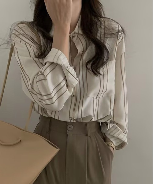 AsheKsha(アシクシャ)の「フレンチストライプのゆったり長袖シャツ(シャツ/ブラウス・レディース・ベージュ・M)」の3枚目の写真