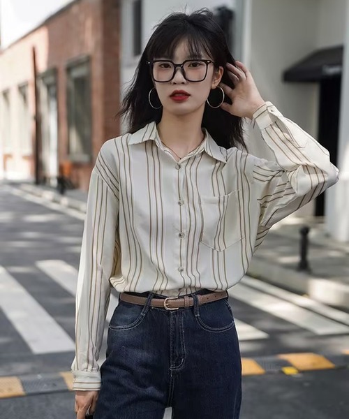 AsheKsha(アシクシャ)の「フレンチストライプのゆったり長袖シャツ(シャツ/ブラウス・レディース・ベージュ・M)」の14枚目の写真