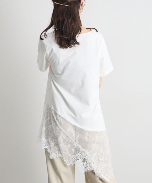Futier land(フューティアランド)の「1枚で着映える。裾レースアシンメトリーTシャツ / レイヤード風トップス(Tシャツ/カットソー・レディース・ホワイト/ブラック・FREE)」の5枚目の写真