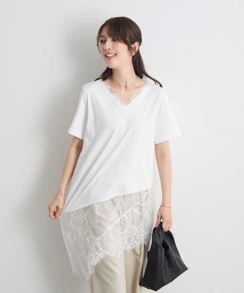 Futier land(フューティアランド)の「1枚で着映える。裾レースアシンメトリーTシャツ / レイヤード風トップス(Tシャツ/カットソー・レディース・ホワイト/ブラック・FREE)」の8枚目の写真