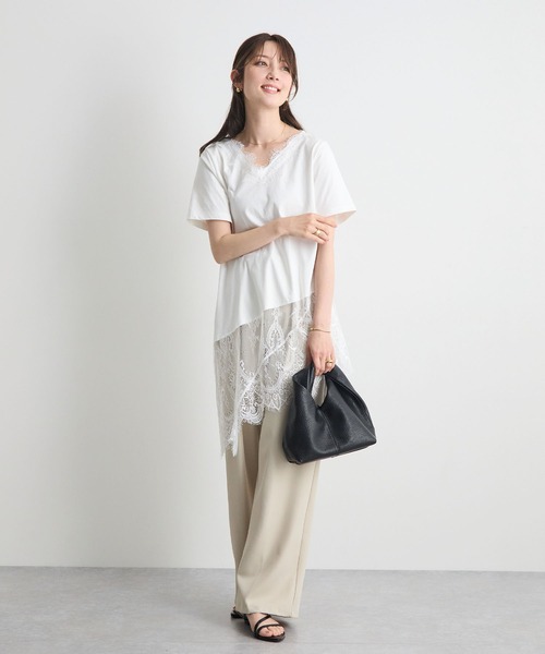 Futier land(フューティアランド)の「1枚で着映える。裾レースアシンメトリーTシャツ / レイヤード風トップス(Tシャツ/カットソー・レディース・ホワイト/ブラック・FREE)」の9枚目の写真