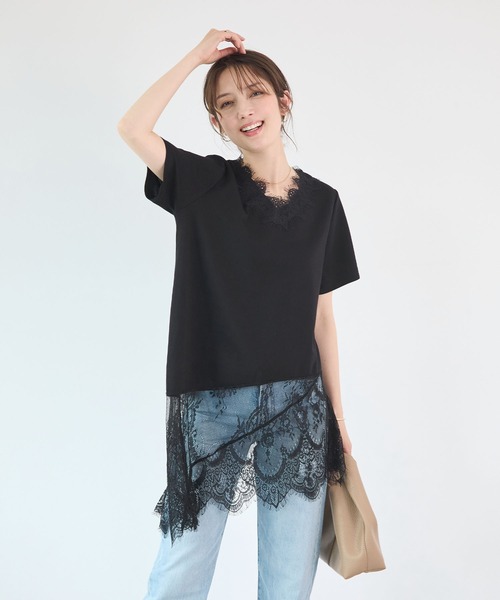 Futier land(フューティアランド)の「1枚で着映える。裾レースアシンメトリーTシャツ / レイヤード風トップス(Tシャツ/カットソー・レディース・ホワイト/ブラック・FREE)」の14枚目の写真