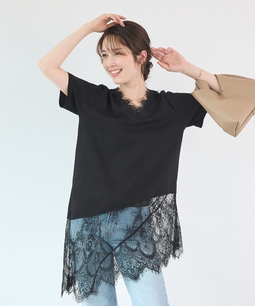 Futier land(フューティアランド)の「1枚で着映える。裾レースアシンメトリーTシャツ / レイヤード風トップス(Tシャツ/カットソー・レディース・ホワイト/ブラック・FREE)」の15枚目の写真