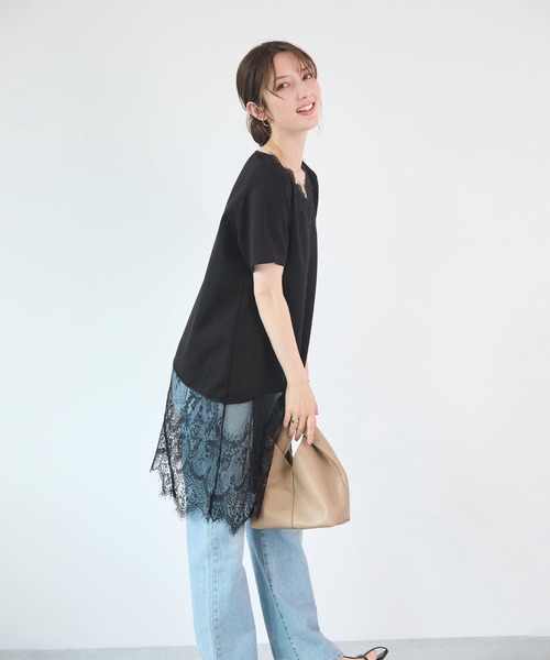 Futier land(フューティアランド)の「1枚で着映える。裾レースアシンメトリーTシャツ / レイヤード風トップス(Tシャツ/カットソー・レディース・ホワイト/ブラック・FREE)」の16枚目の写真