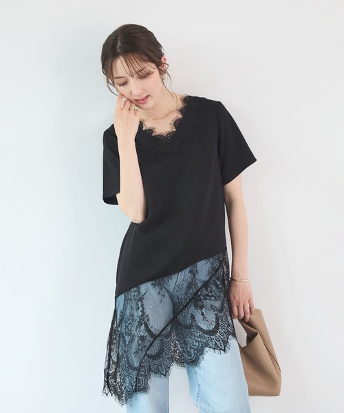Futier land(フューティアランド)の「1枚で着映える。裾レースアシンメトリーTシャツ / レイヤード風トップス(Tシャツ/カットソー・レディース・ホワイト/ブラック・FREE)」の18枚目の写真