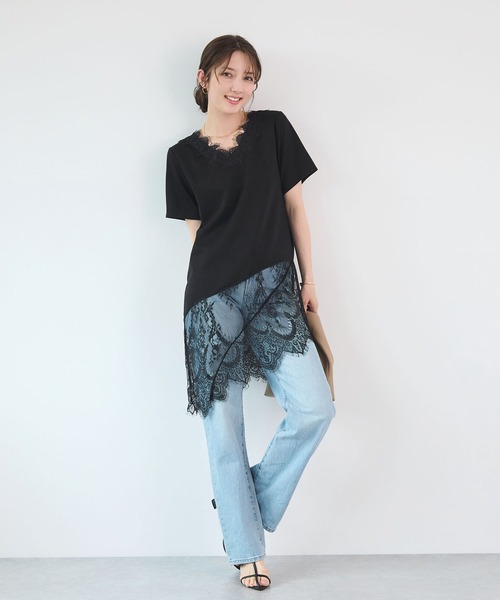 Futier land(フューティアランド)の「1枚で着映える。裾レースアシンメトリーTシャツ / レイヤード風トップス(Tシャツ/カットソー・レディース・ホワイト/ブラック・FREE)」の19枚目の写真