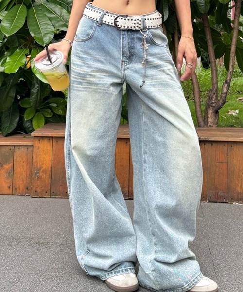SHOUYO(ショウヨウ)の「ヴィンテージライク刺繍ポケットワイドデニムパンツ / Y2Kルーズストレートデニム(デニムパンツ・レディース・ブルー・M)」の8枚目の写真