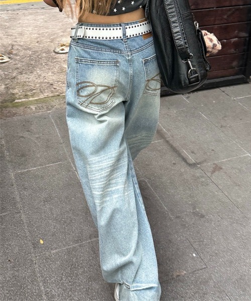 SHOUYO(ショウヨウ)の「ヴィンテージライク刺繍ポケットワイドデニムパンツ / Y2Kルーズストレートデニム(デニムパンツ・レディース・ブルー・M)」の3枚目の写真