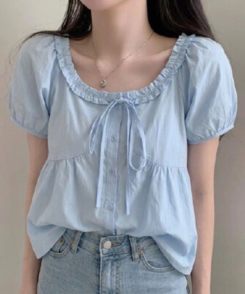 CHUL(チュル)の「リボンギャザーペプラムブラウス(シャツ/ブラウス・レディース・ブルー/ホワイト・X-LARGE/SMALL/LARGE/MEDIUM)」の4枚目の写真