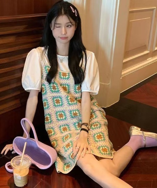 かぎ編みニット キャミワンピース ミニワンピース（ワンピース