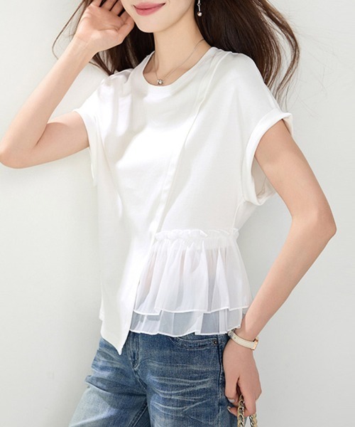 ONEP STAR（ワンピスター）の「ペプラム切り替えアシメ半袖カットソー（Tシャツ/カットソー・レディース・ホワイト・X-LARGE/LARGE/MEDIUM）」の2枚目の写真