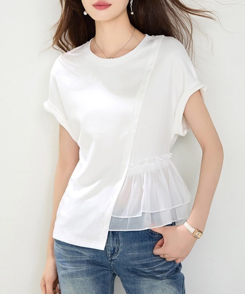 ONEP STAR（ワンピスター）の「ペプラム切り替えアシメ半袖カットソー（Tシャツ/カットソー・レディース・ホワイト・X-LARGE/LARGE/MEDIUM）」の3枚目の写真