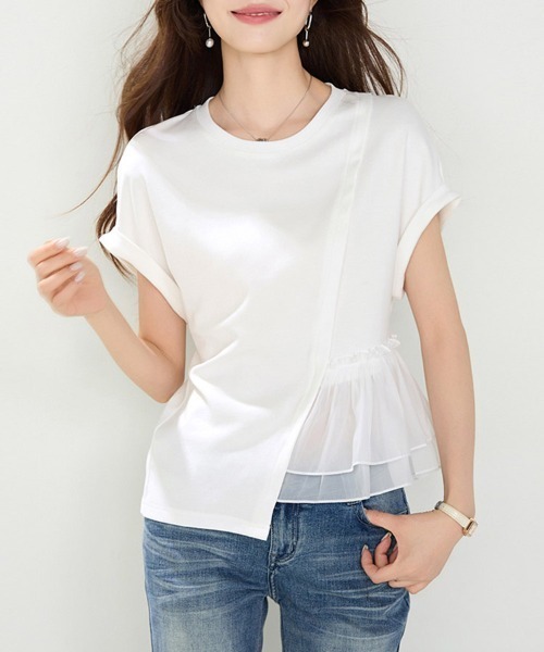 ONEP STAR（ワンピスター）の「ペプラム切り替えアシメ半袖カットソー（Tシャツ/カットソー・レディース・ホワイト・X-LARGE/LARGE/MEDIUM）」の4枚目の写真