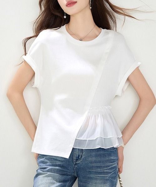 ONEP STAR（ワンピスター）の「ペプラム切り替えアシメ半袖カットソー（Tシャツ/カットソー・レディース・ホワイト・X-LARGE/LARGE/MEDIUM）」の6枚目の写真