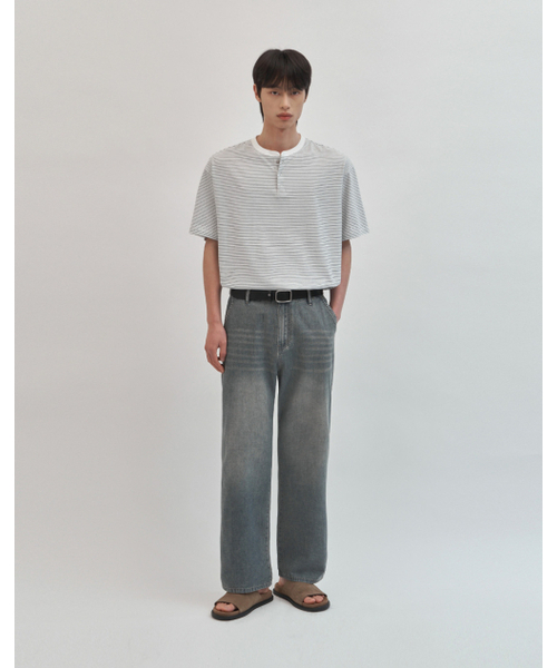 WORK ON BODY OFF（ワークオンボディオフ）の「マレ コットン ヘンリーネック 半袖Tシャツ [ホワイト ブルー]（Tシャツ/カットソー・メンズ・ホワイト×ブルー・MEDIUM/LARGE/X-LARGE）」の4枚目の写真