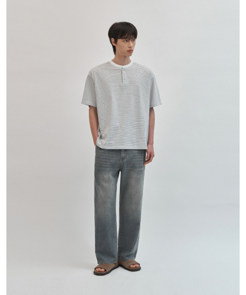 WORK ON BODY OFF（ワークオンボディオフ）の「マレ コットン ヘンリーネック 半袖Tシャツ [ホワイト ブルー]（Tシャツ/カットソー・メンズ・ホワイト×ブルー・MEDIUM/LARGE/X-LARGE）」の5枚目の写真