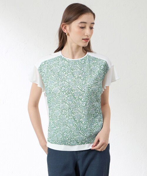 amaca(アマカ)の「グリーンボタニカル 異素材コンビプルオーバー(Tシャツ/カットソー・レディース・オフホワイト/ダークネイビー・38/40)」の1枚目の写真