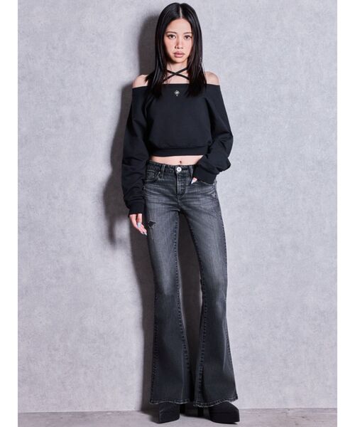 GYDA(ジェイダ)の「ジャストウエストSLIM FITフレアデニムパンツ(デニムパンツ・レディース・ブラック/ブルー・SMALL/MEDIUM/X-SMALL)」の4枚目の写真