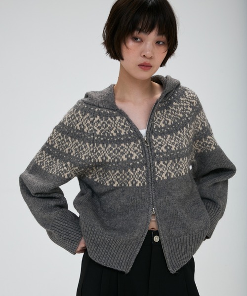 full/fill.（フルフィル）の「nordic hood zip knit cardigan / ノルディックフードジップニットカーディガン（カーディガン/ボレロ・レディース・グレー/アイボリー・FREE）」の3枚目の写真