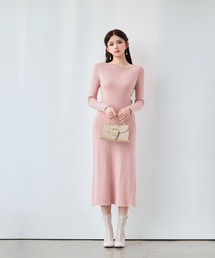 【新作登場】ロングワンピース 長袖 アシンメトリーネック リブニット 編地切替 リブワンピース タイトシルエット 細見え フェミニン きれいめ 上品