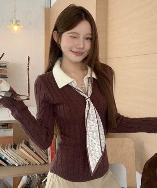 Teem Store(チームストア)の「ドットスカーフタイ付き 衿付きバイカラーケーブルニット(ニット/セーター・レディース・ブラウン/ブラック・M)」の1枚目の写真