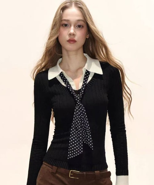 Teem Store(チームストア)の「ドットスカーフタイ付き 衿付きバイカラーケーブルニット(ニット/セーター・レディース・ブラウン/ブラック・M)」の9枚目の写真