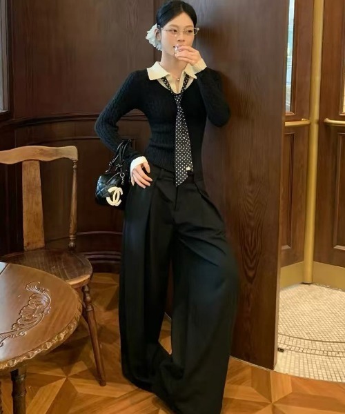 Teem Store(チームストア)の「ドットスカーフタイ付き 衿付きバイカラーケーブルニット(ニット/セーター・レディース・ブラウン/ブラック・M)」の10枚目の写真