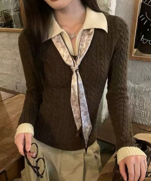Teem Store(チームストア)の「ドットスカーフタイ付き 衿付きバイカラーケーブルニット(ニット/セーター・レディース・ブラウン/ブラック・M)」の5枚目の写真
