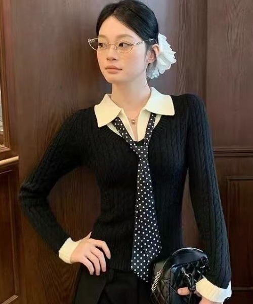 Teem Store(チームストア)の「ドットスカーフタイ付き 衿付きバイカラーケーブルニット(ニット/セーター・レディース・ブラウン/ブラック・M)」の16枚目の写真