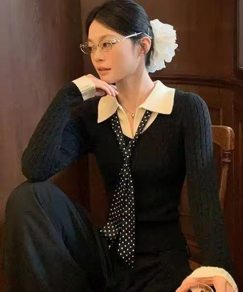 Teem Store(チームストア)の「ドットスカーフタイ付き 衿付きバイカラーケーブルニット(ニット/セーター・レディース・ブラウン/ブラック・M)」の17枚目の写真