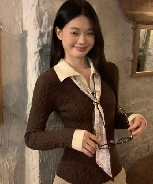 Teem Store(チームストア)の「ドットスカーフタイ付き 衿付きバイカラーケーブルニット(ニット/セーター・レディース・ブラウン/ブラック・M)」の14枚目の写真