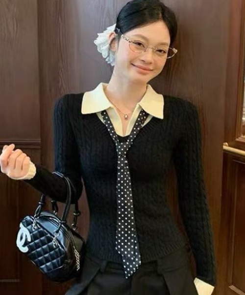 Teem Store(チームストア)の「ドットスカーフタイ付き 衿付きバイカラーケーブルニット(ニット/セーター・レディース・ブラウン/ブラック・M)」の7枚目の写真