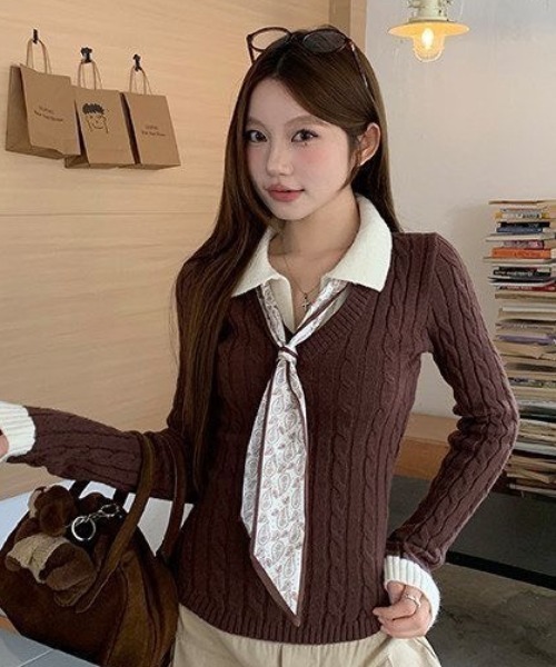 Teem Store(チームストア)の「ドットスカーフタイ付き 衿付きバイカラーケーブルニット(ニット/セーター・レディース・ブラウン/ブラック・M)」の3枚目の写真