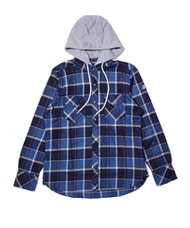 L/SL INDIGO CHECK HOODED SHIRT