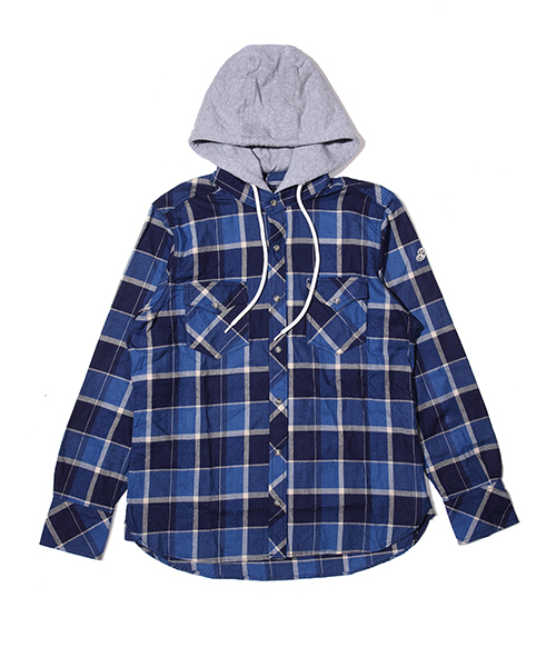 L/SL INDIGO CHECK HOODED SHIRT