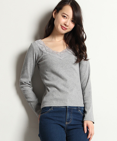 Honeys（ハニーズ）の「レース付きＶネックカットソー（Tシャツ/カットソー・レディース・グレー/オフホワイト/ブラック/ピンク・M/L）」の3枚目の写真