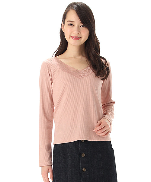 Honeys（ハニーズ）の「レース付きＶネックカットソー（Tシャツ/カットソー・レディース・グレー/オフホワイト/ブラック/ピンク・M/L）」の4枚目の写真