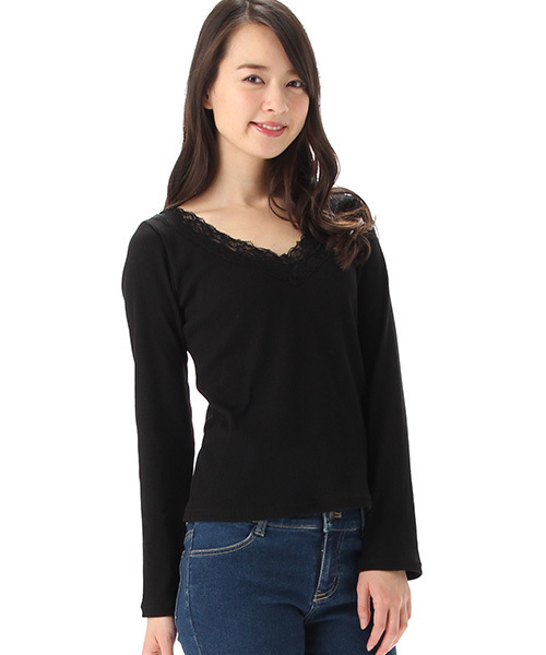 Honeys（ハニーズ）の「レース付きＶネックカットソー（Tシャツ/カットソー・レディース・グレー/オフホワイト/ブラック/ピンク・M/L）」の2枚目の写真